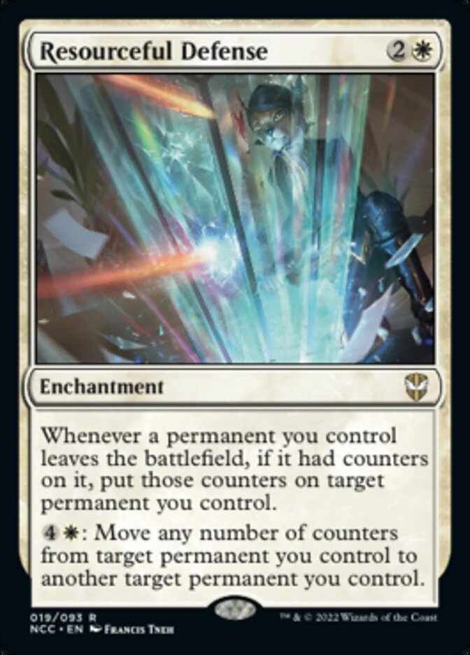 Resourceful Defense
 Whenever a permanent you control leaves the battlefield, if it had counters on it, put those counters on target permanent you control.
{4}{W}: Move any number of counters from target permanent you control to another target permanent you control.